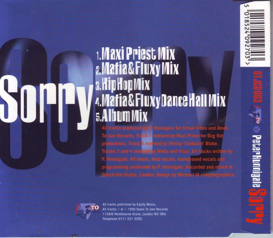 PETER HUNNIGALE - Sorry (CD single) DT JCD003 EX