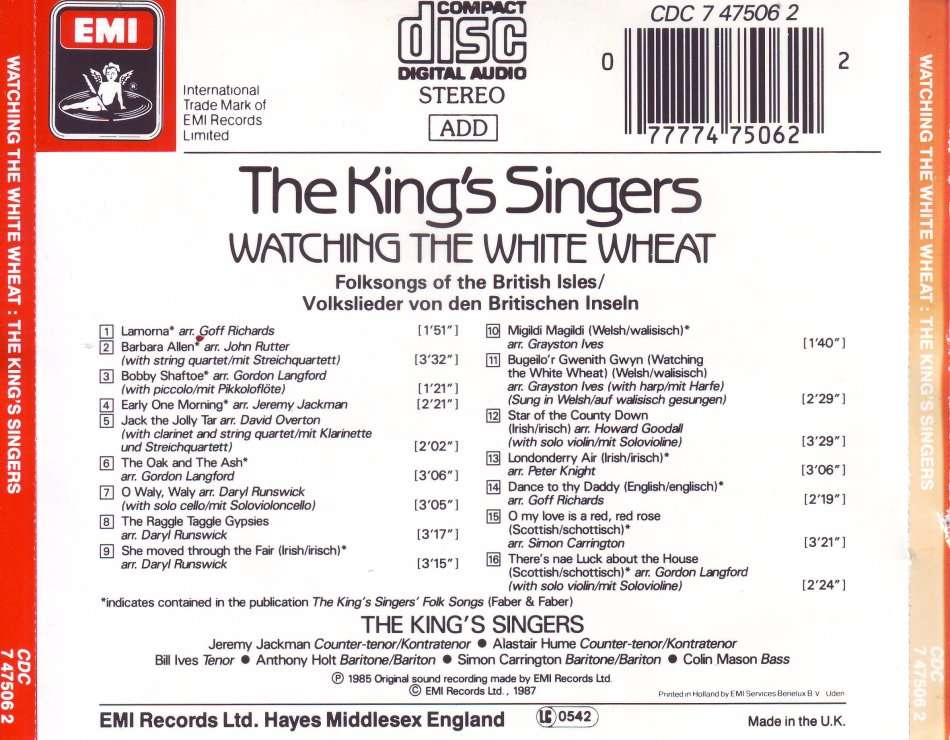 THE KING`S SINGERS - Watching the white wheat (CD) CDC 7 47506 2 NM-