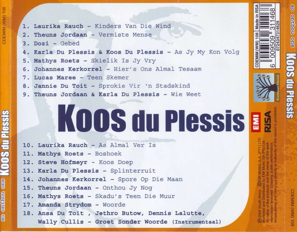 SO ONTHOU ONS KOOS DU PLESSIS - Compilation (CD) CDEMIM (WM) 108  EX