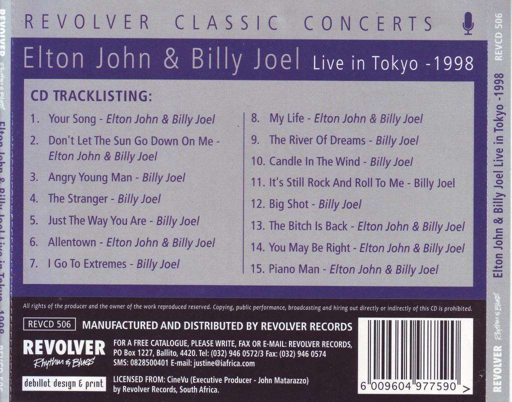 ELTON JOHN & BILLY JOEL - Live In Tokyo 1998 (CD) REVCD 506 EX