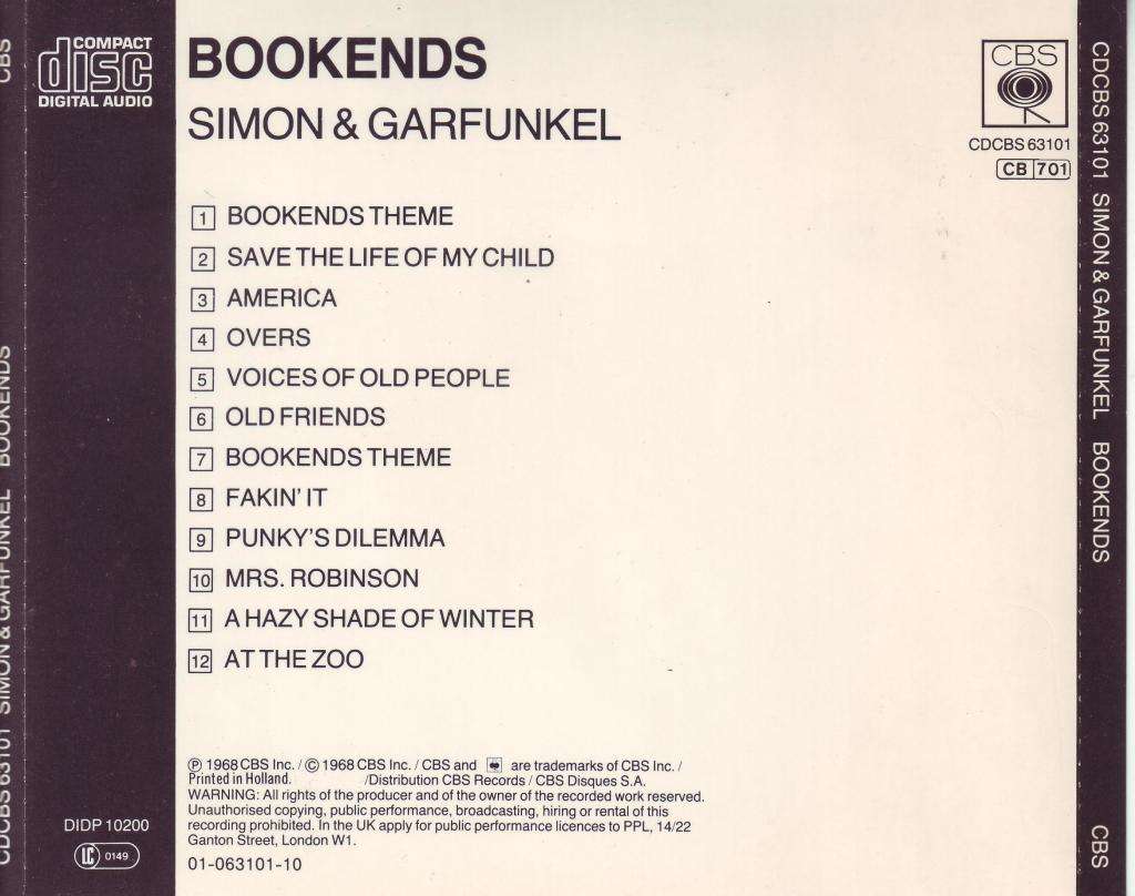SIMON & GARFUNKEL - Bookends (CD) CDCBS 63101 NM