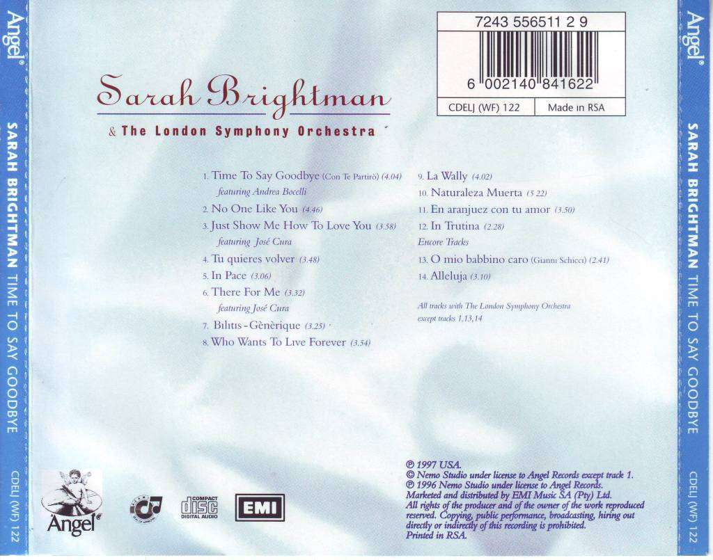 SARAH BRIGHTMAN - Time to say goodbye (CD) CDELJ (WF) 122 VG to VG+