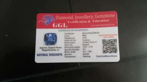 Natural Tanzanite Certified Cushion Cut Loose Gemstone 5.20 Ct