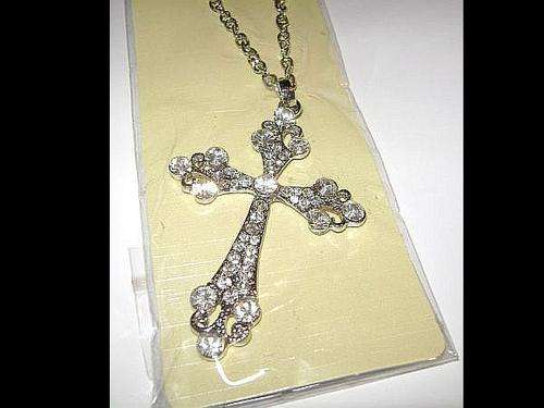 Cross Pendant with Austrian Crystals in Silvertone on a Long Chain