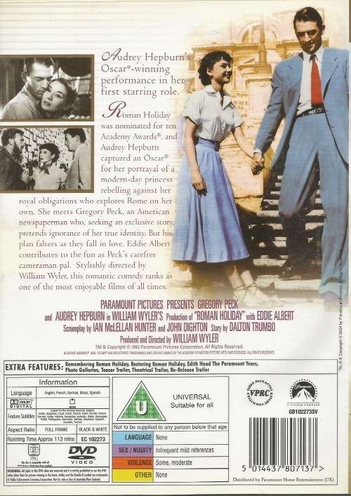 ROMAN HOLIDAY - GREGORY PECK - AUDREY HEPBURN DVD MOVIE