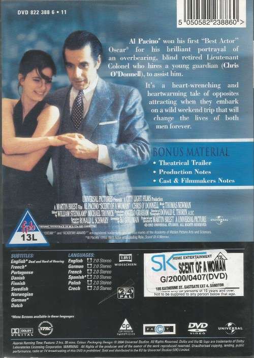 SCENT OF A WOMAN AL PACINO CHRIS O'DONNELL DVD MOVIE