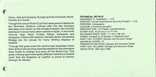 Lesotho 1982 Soccer/Football World Cup Complete Set Folder Pack Sc#363a-f Unmounted Mint FDC0223