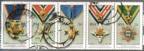 SOUTH AFRICA 1990 STRIP OF THE NATIONAL ORDERS OF SA MEDALS COMPLETE POSTALLY USED SET