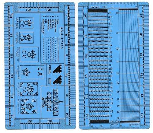 TRAFALGAR SERIES STAMP PERFORATION GAUGE 2 SIDED PLASTICINTERNATIONAL POSTAL RATE CHARGES R50 R BLUE