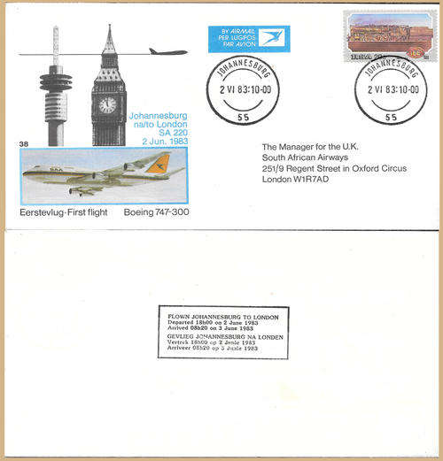 SAA Flight Cover #38 First Flight Johannesburg-London Boeing 747-300 2/1/1983