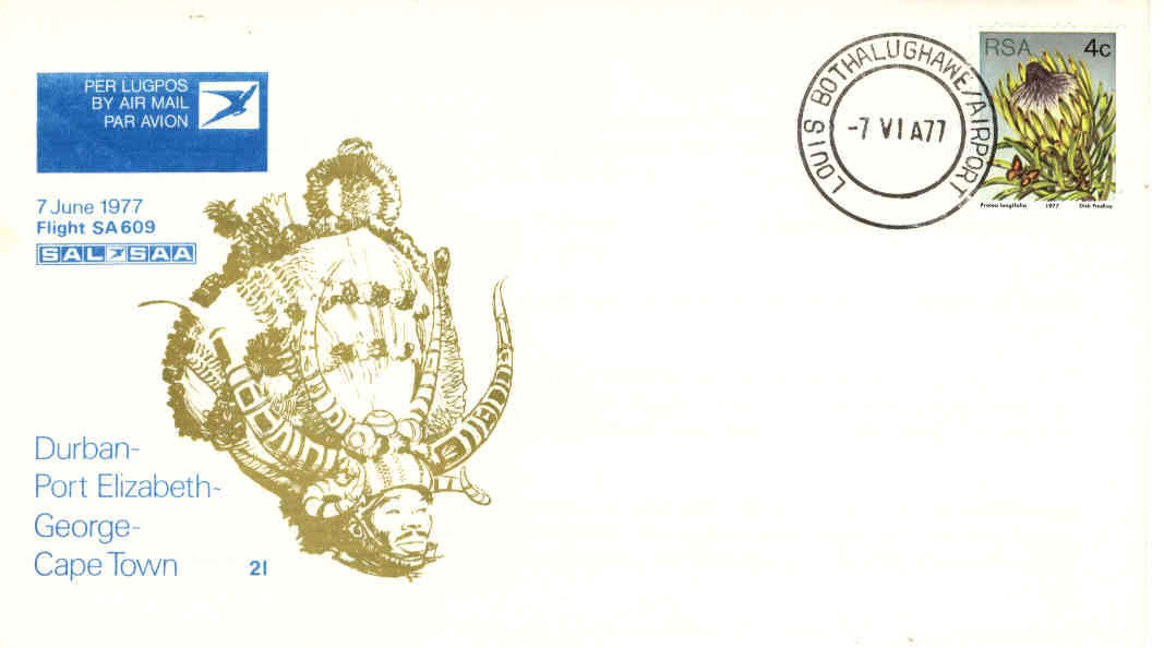 SAA Flight Cover #21 -Flight SA 609 -Durban, Port Elizabeth, George, Cape Town 7/4/1977
