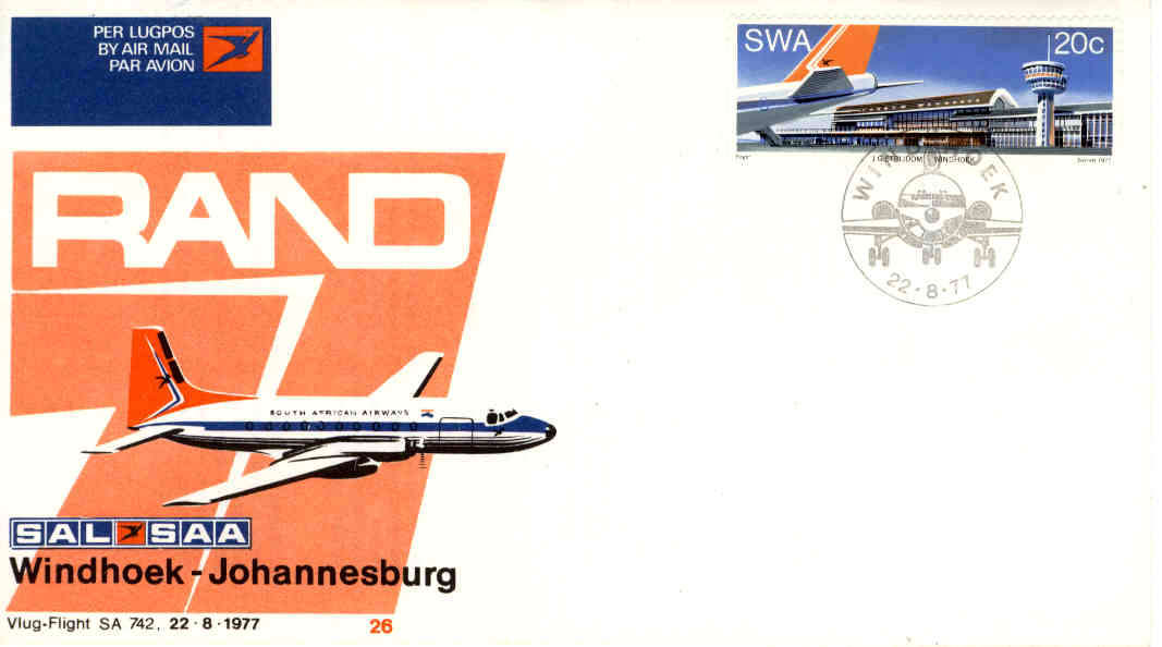 SAA Flight Cover #26 -Flight SA 742 Windhoek-Johannesburg - 22/8/1977