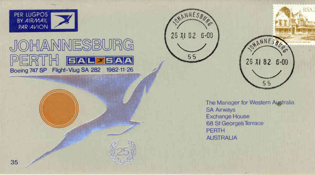 SAA Flight Cover #35 - Boeing 747 SP Flight Sa 282 Johannesburg - Perth - 26/11/82