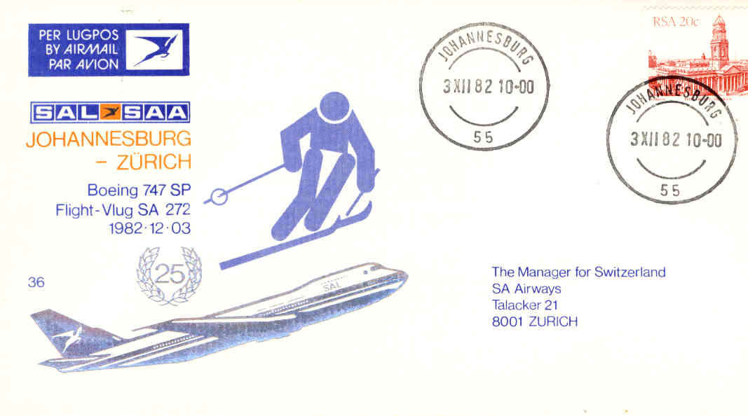 SAA Flight Cover #36 - Boeing 747 SP Flight Sa 272 Johannesburg - Zurich 3/12/1982