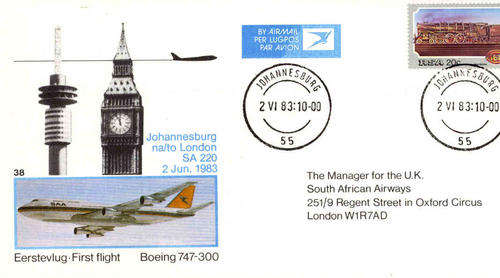 SAA Flight Cover #38 -First Boeing 747-300 Flight Johannesburg-London 2/6/1983