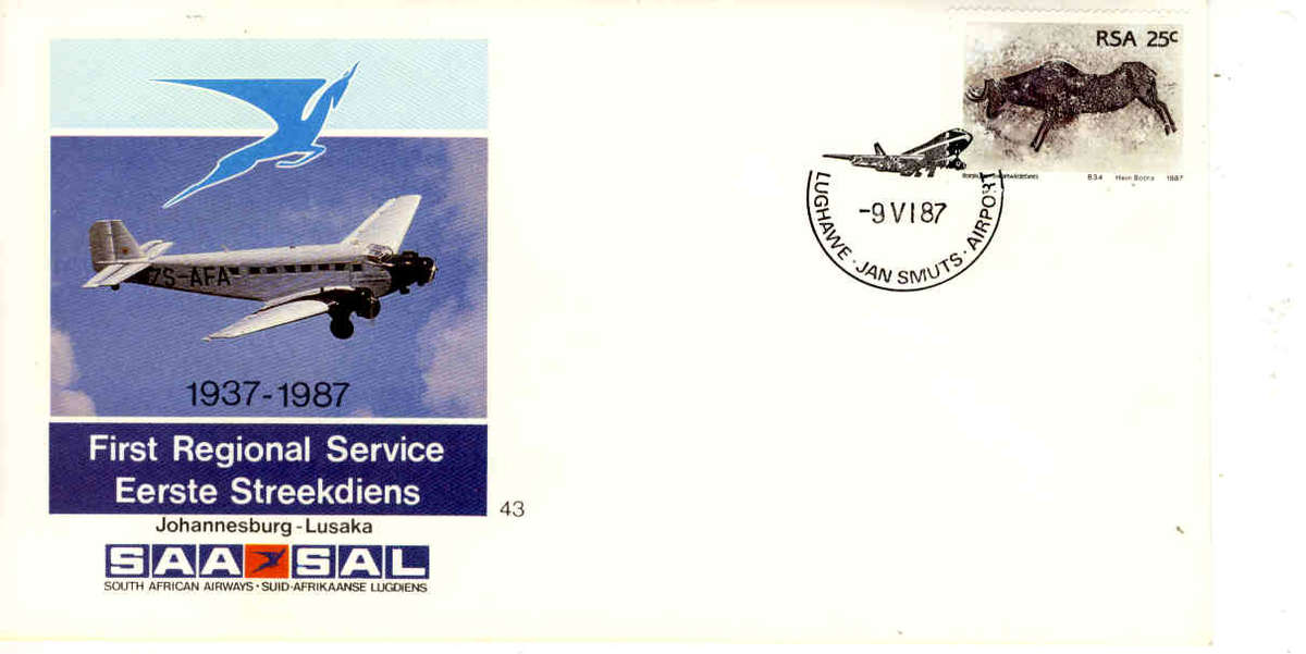 SAA Flight Cover #43 - First Regional Service Johannesburg-Lusaka 1937-1987 9/6/1987