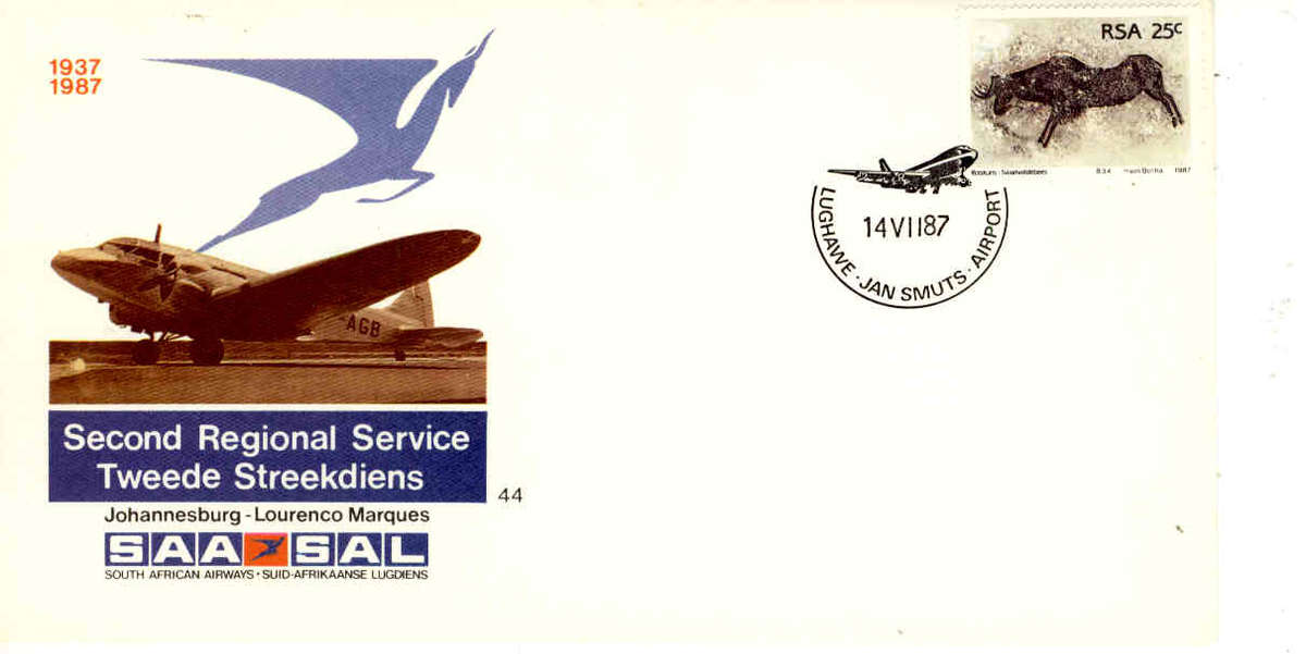 SAA Flight Cover #44 - Second Regional Service Johannesburg-Lourenco Marques 1937-1987 14/7/1987