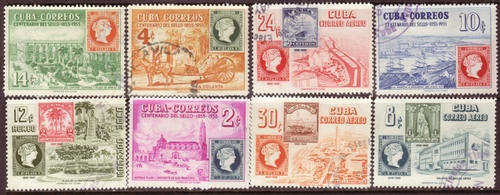 CUBA 1954 STAMP ON STAMP 1st CUBAN STAMP CENTENARY COMPLETE USED SET #726-33