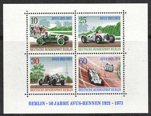 BERLIN 1971 VINTAGE VEHICLES Mi #BLOCK 3 50 YEARS AVUS-RENNEN UNMOUNTED MINT MINIATURE SHEET