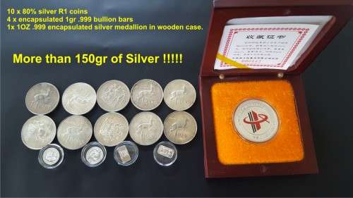 Investment in Silver. 10 x 80% silver R1 coins + 4 x .999 1gr bullion + 1OZ .999 Silver medallion.
