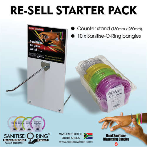 Become a Sanitise-O-Ring agent. Counter Stand + 10 x Refillable Hand Sanitiser Dispensing Bangles