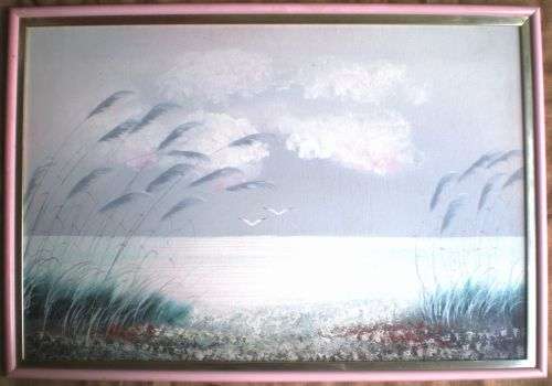 HUGE FRAMED   60 X 90 CM ORIGINAL PAINTING: LAKE WITH REEDS