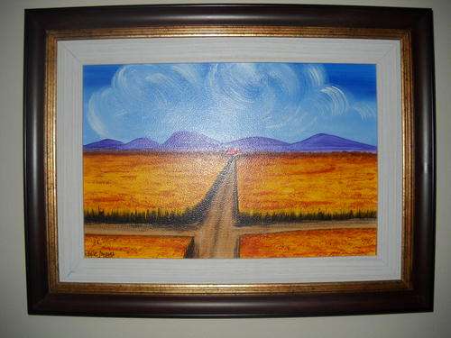 ORIGINAL SA ARTIST : CROSS ROADS LANDSCAPE : FRAMED 41 x 30 CM READY TO HANG