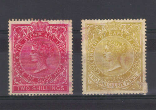 2 x CAPE OF GOOD HOPE REVENUE STAMPS IN GREAT CONDITION, 2/ & 2/6, VERY LIGHTLY USED.