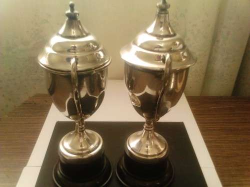 BEAUTIFUL 2 x UNUSED SILVER PLATED TROPHIES, WITH GOOD VALUE, SEE BELOW.