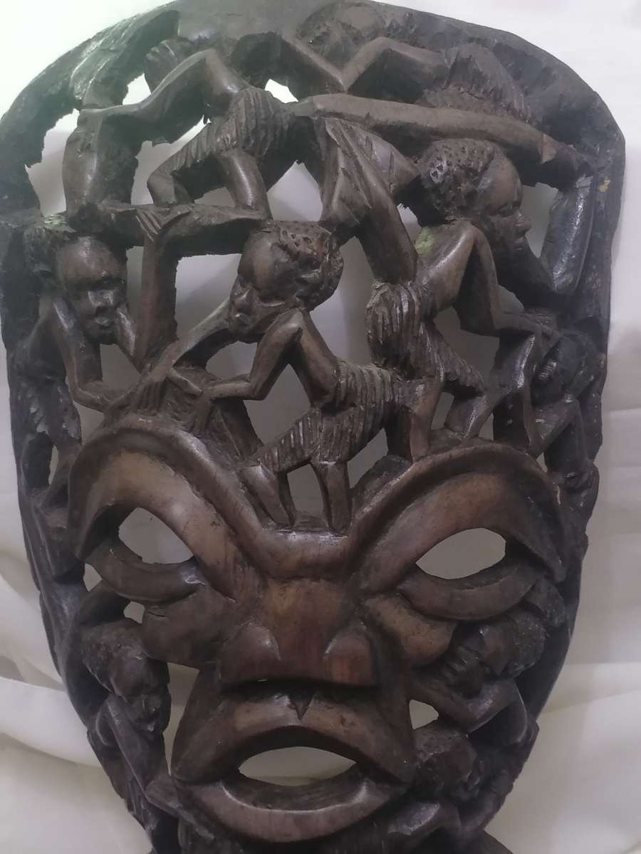 EXQUISITE - LARGE ANTIQUE HARD ,HEAVY WOOD MASKED & SMALL FIGURE ART CARVING - PLEASE READ BELOW.