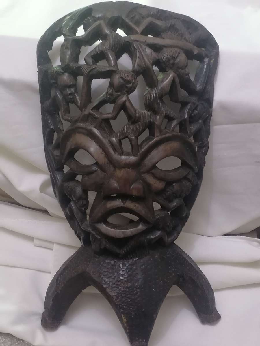 EXQUISITE - LARGE ANTIQUE HARD ,HEAVY WOOD MASKED & SMALL FIGURE ART CARVING - PLEASE READ BELOW.