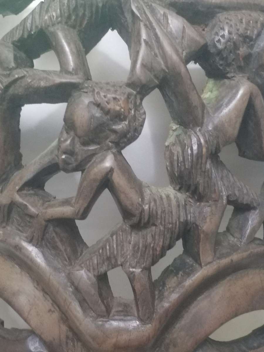 EXQUISITE - LARGE ANTIQUE HARD ,HEAVY WOOD MASKED & SMALL FIGURE ART CARVING - PLEASE READ BELOW.