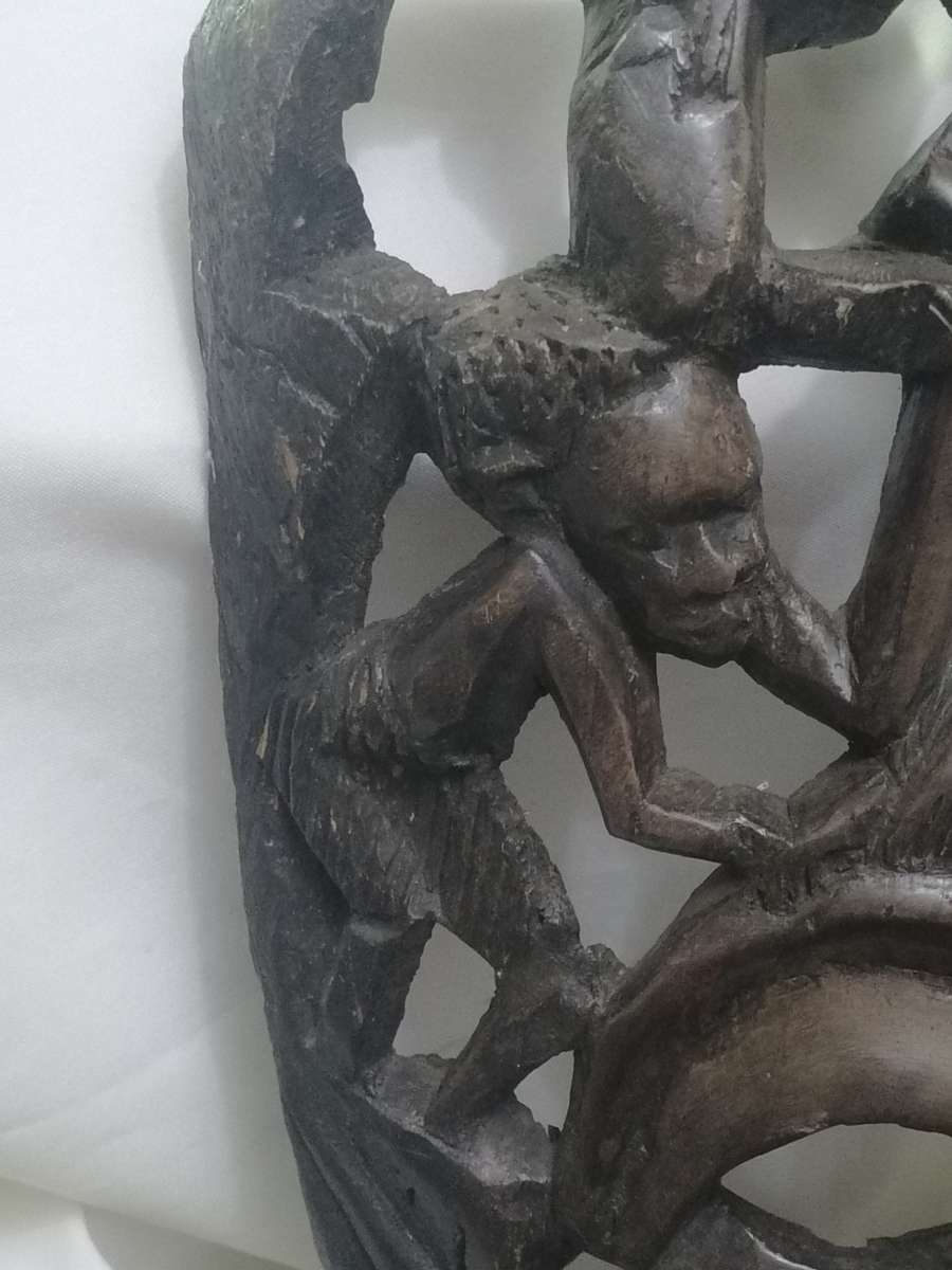 EXQUISITE - LARGE ANTIQUE HARD ,HEAVY WOOD MASKED & SMALL FIGURE ART CARVING - PLEASE READ BELOW.