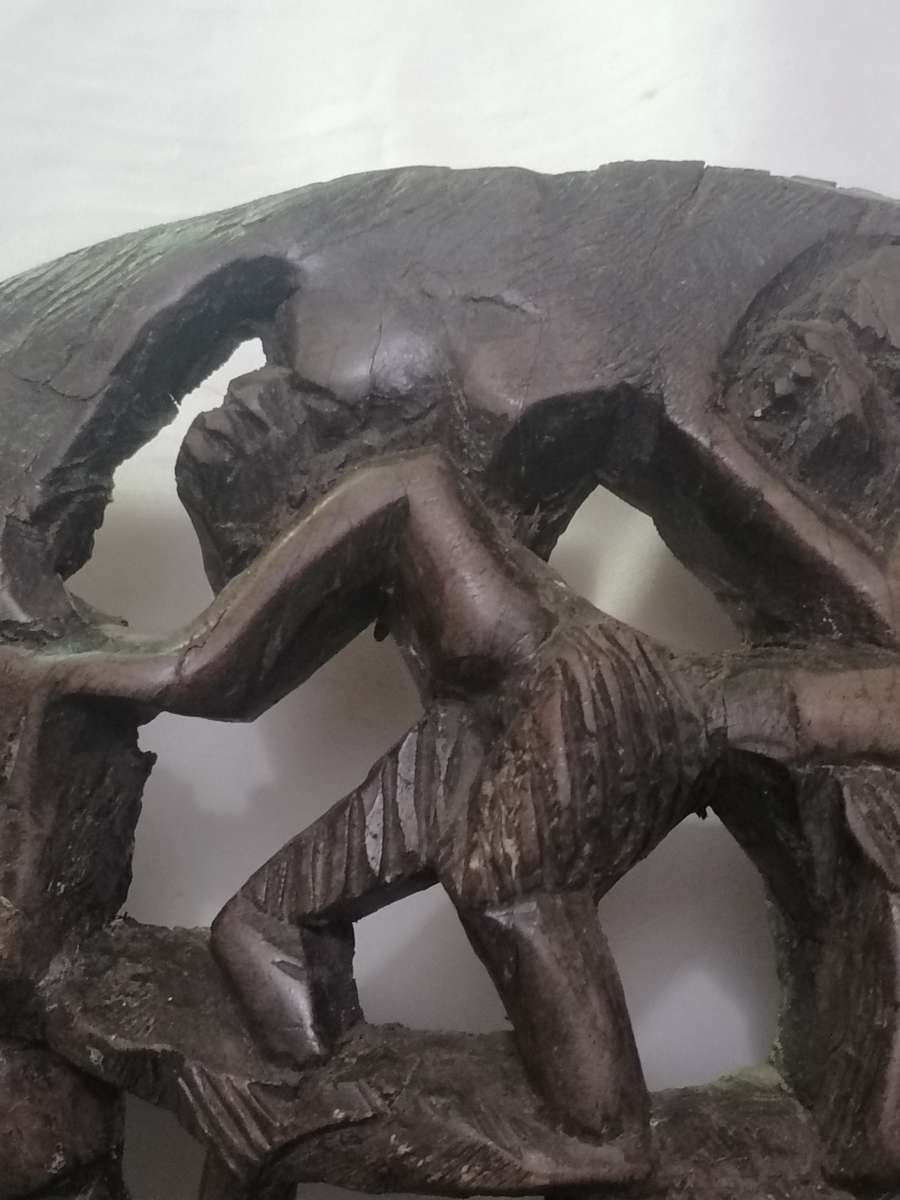 EXQUISITE - LARGE ANTIQUE HARD ,HEAVY WOOD MASKED & SMALL FIGURE ART CARVING - PLEASE READ BELOW.