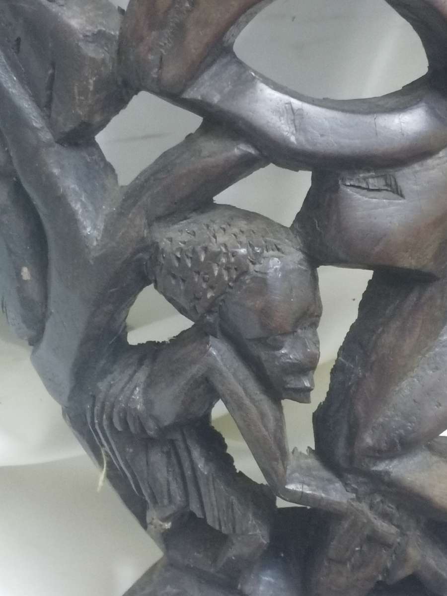 EXQUISITE - LARGE ANTIQUE HARD ,HEAVY WOOD MASKED & SMALL FIGURE ART CARVING - PLEASE READ BELOW.