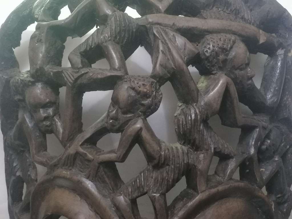 EXQUISITE - LARGE ANTIQUE HARD ,HEAVY WOOD MASKED & SMALL FIGURE ART CARVING - PLEASE READ BELOW.