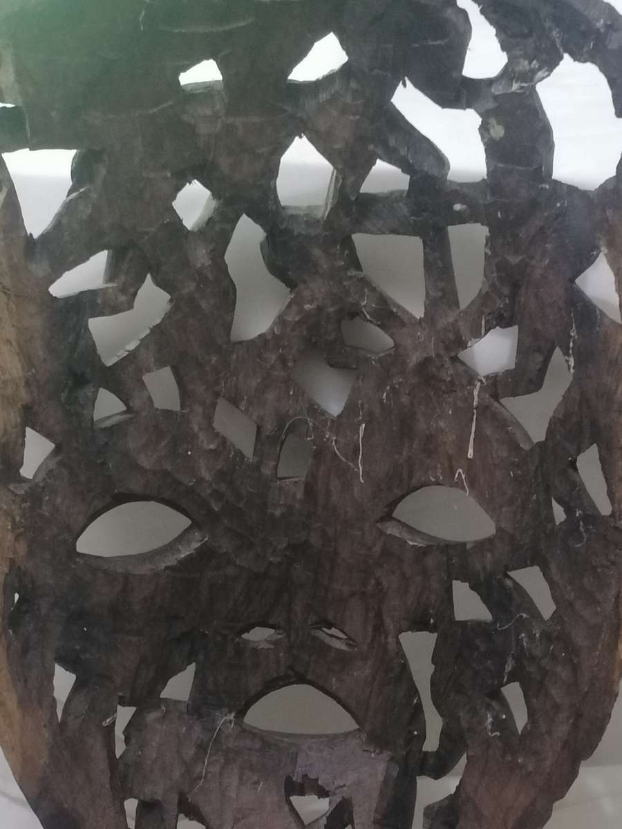 EXQUISITE - LARGE ANTIQUE HARD ,HEAVY WOOD MASKED & SMALL FIGURE ART CARVING - PLEASE READ BELOW.