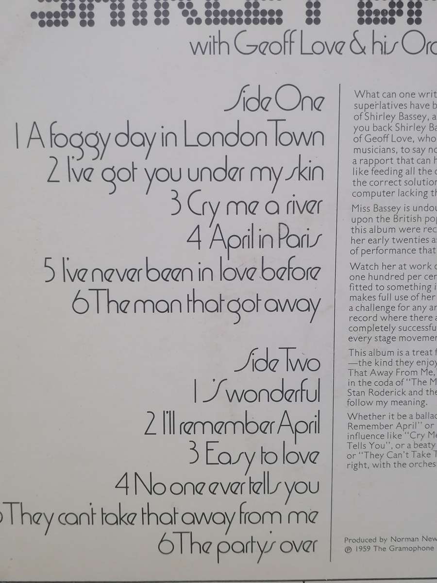 SHIRLEY BASSEY - VINYL IN VERY GOOD CONDITION. - SEE BELOW FOR INFO.