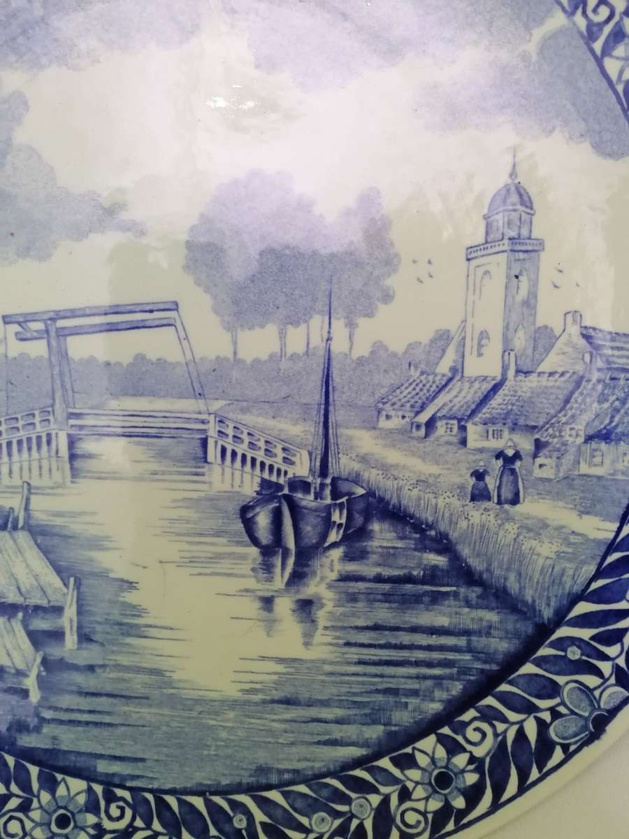 VINTAGE - LARGE DELFT BOCH BELGIUM PORCELAIN WALL PLATE - VERY GOOD COND. - PLEASE READ BELOW.