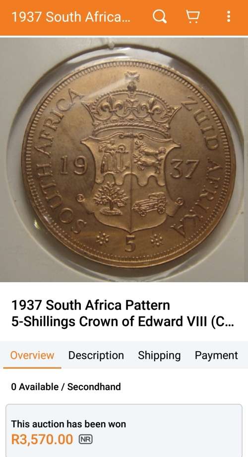 *Crazy Start!* Rare 1937 South Africa Pattern 5-Shillings Crown of Edward VIII (Copper)