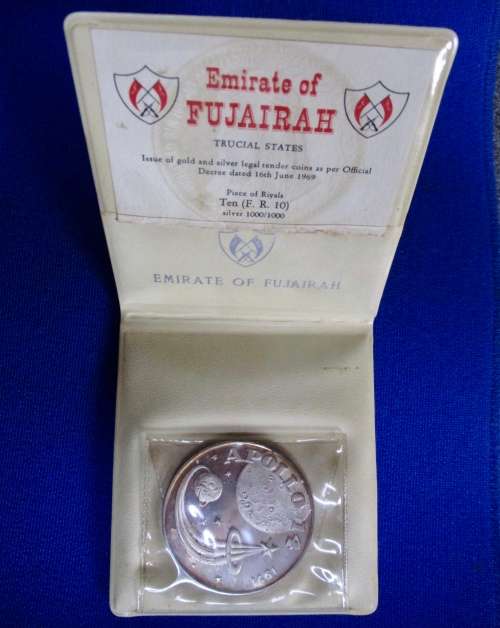 Silver 1971 Fujairah 10 Riyals Apollo 14 Space Mission Coin, Certificate, Wallet