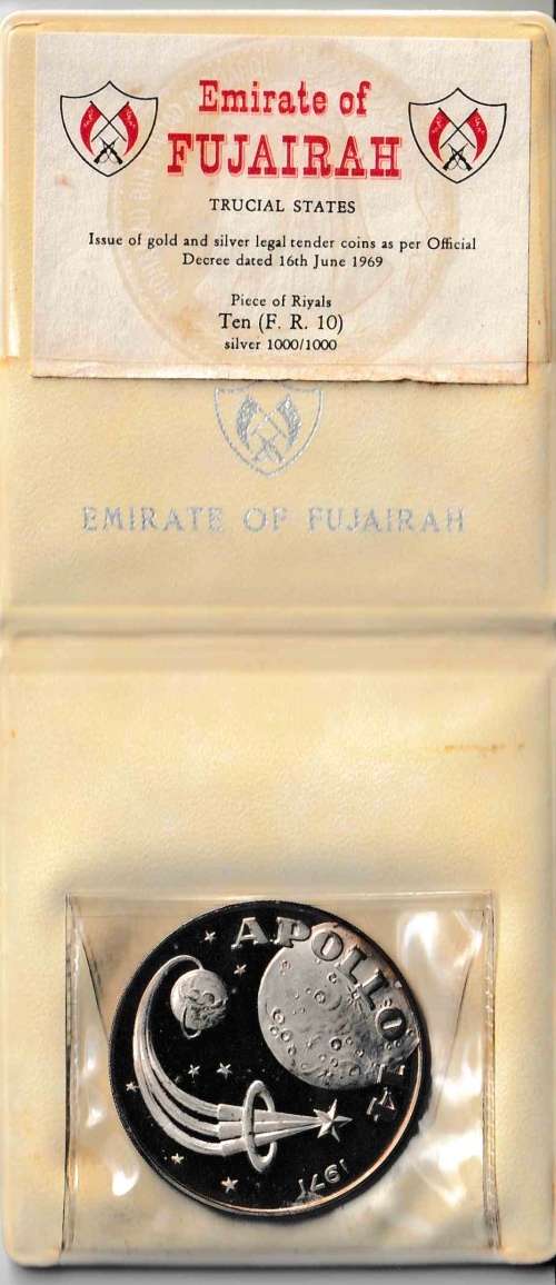 Silver 1971 Fujairah 10 Riyals Apollo 14 Space Mission Coin, Certificate, Wallet