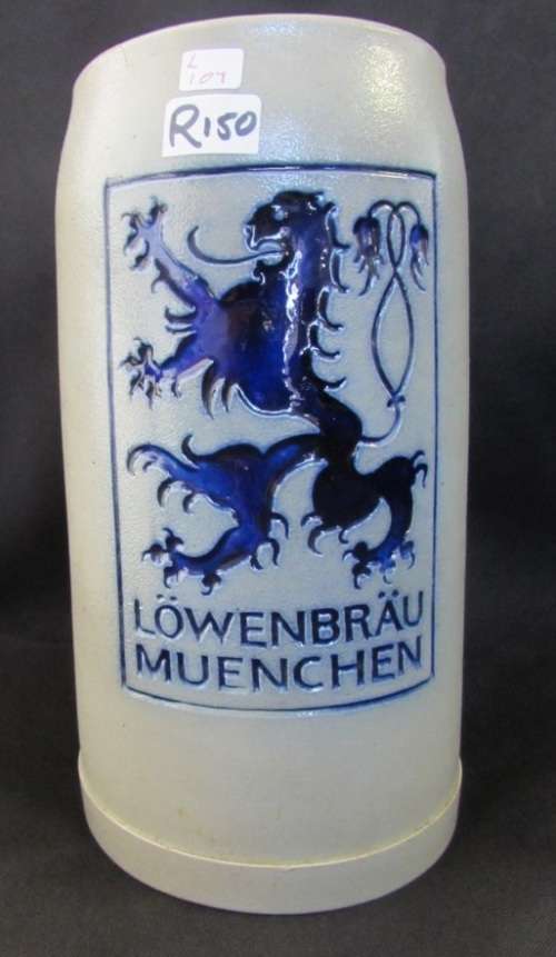 Vintage Lowenbrau Munchen Germany Stoneware Salt Glaze Beer Stein Mug 1L