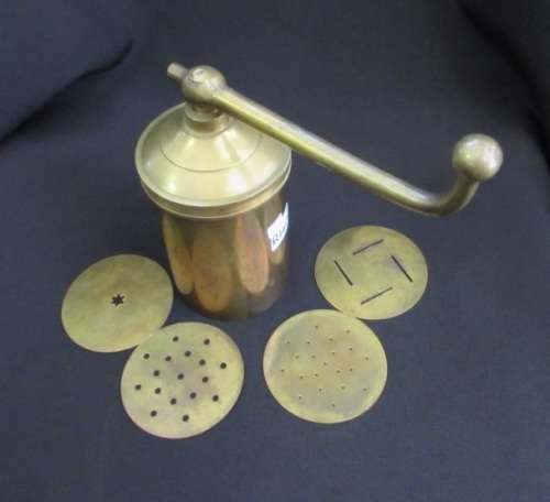 VINTAGE BRASS COOKIE PRESS WITH 4 DISKS
