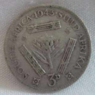 1943  South African King George 3 Pence Coin