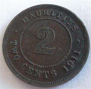 1911  2 cent Mauritius  Coin