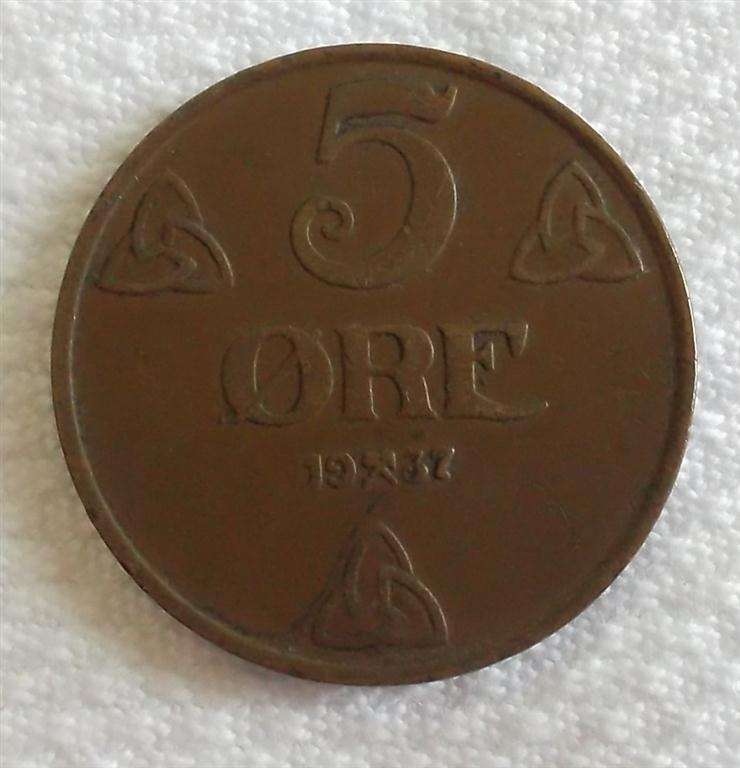 1937  5 Ore Norway    Coin