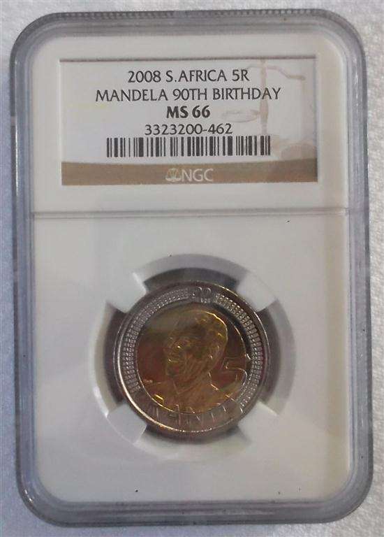 2008 Mandela 90th Birthday R5 Coin. MS 66