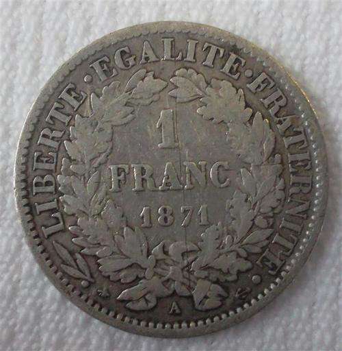 1871  1 Franc  France Silver  Coin