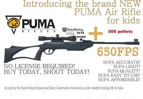 BRAND NEW, IN PLASTIC + BOX, PUMA AIR RIFLE, FREE SCOPE, 650 FPS, FREE TARGET, AND 500 PELLETS.